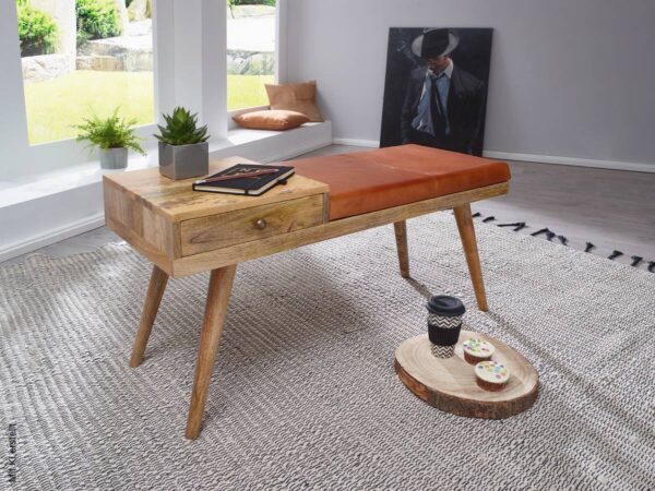 Wohnling Sitzbank natur braun Echtholz Leder B/H/T: ca. 100x52x38 cm – Bild 2
