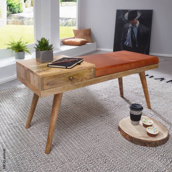 Wohnling Sitzbank natur braun Echtholz Leder B/H/T: ca. 100x52x38 cm – Bild 3