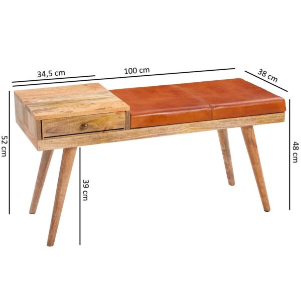 Wohnling Sitzbank natur braun Echtholz Leder B/H/T: ca. 100x52x38 cm – Bild 5