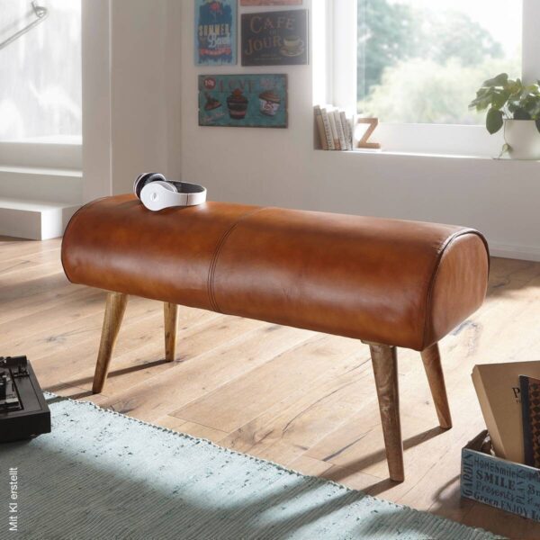 Wohnling Sitzbank natur braun Echtholz Leder – Bild 4