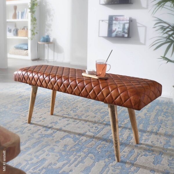 Wohnling Sitzbank braun natur Leder Echtholz B/H/T: ca. 115x53x38 cm – Bild 2
