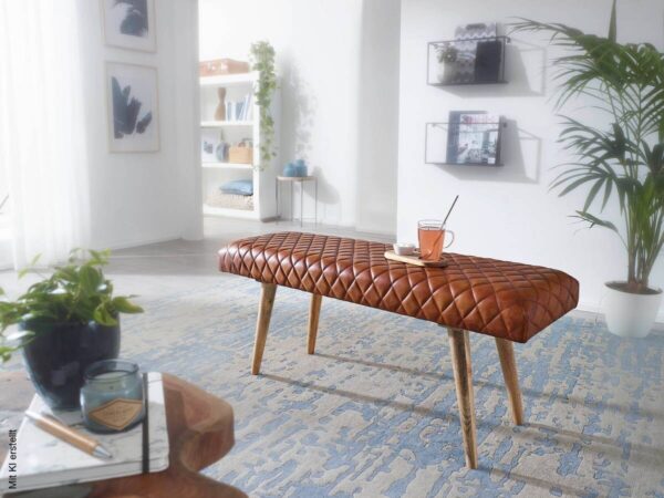 Wohnling Sitzbank braun natur Leder Echtholz B/H/T: ca. 115x53x38 cm – Bild 5