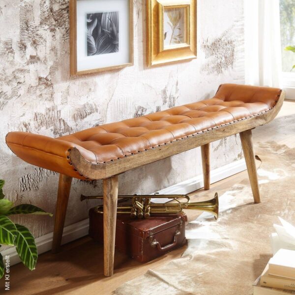 Wohnling Sitzbank braun natur Leder Echtholz B/H/T: ca. 125x50x38 cm – Bild 5