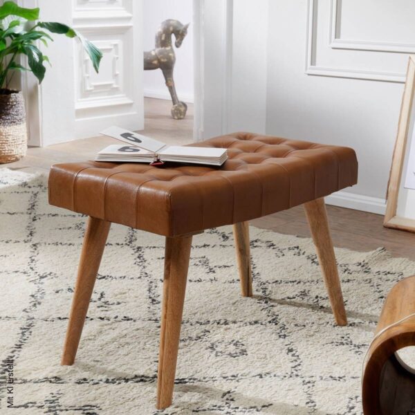 Wohnling Sitzhocker braun natur Leder Echtholz B/H/T: ca. 67x47x39 cm – Bild 3