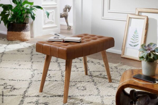 Wohnling Sitzhocker braun natur Leder Echtholz B/H/T: ca. 67x47x39 cm – Bild 4