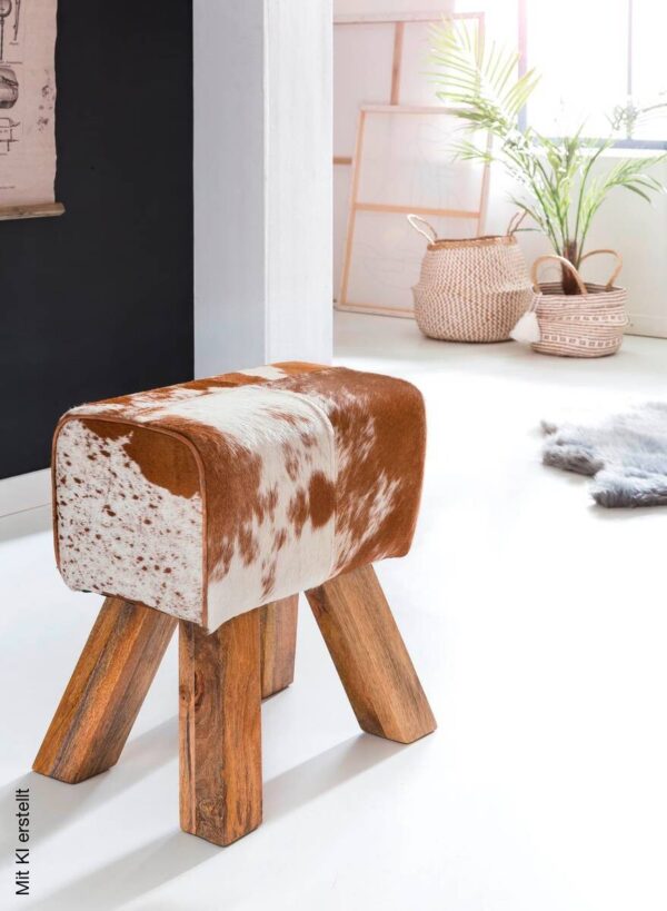 Wohnling Sitzhocker natur natur Leder Echtholz B/H/T: ca. 40x47x25 cm – Bild 3