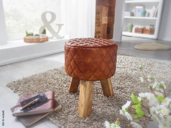 Wohnling Sitzhocker braun natur Leder Echtholz B/H/T: ca. 35x46x35 cm – Bild 3