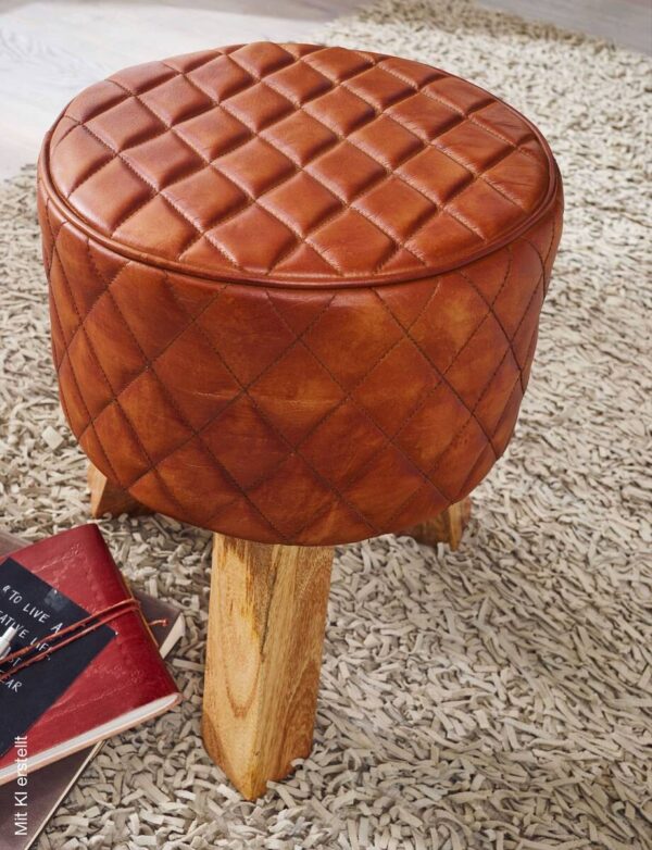 Wohnling Sitzhocker braun natur Leder Echtholz B/H/T: ca. 35x46x35 cm – Bild 5