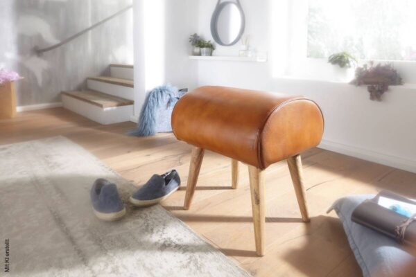 Wohnling Sitzhocker braun natur Leder Echtholz B/H/T: ca. 45x53x40 cm – Bild 2