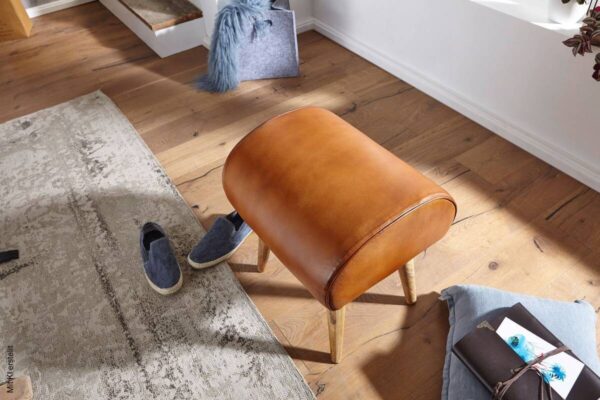Wohnling Sitzhocker braun natur Leder Echtholz B/H/T: ca. 45x53x40 cm – Bild 3