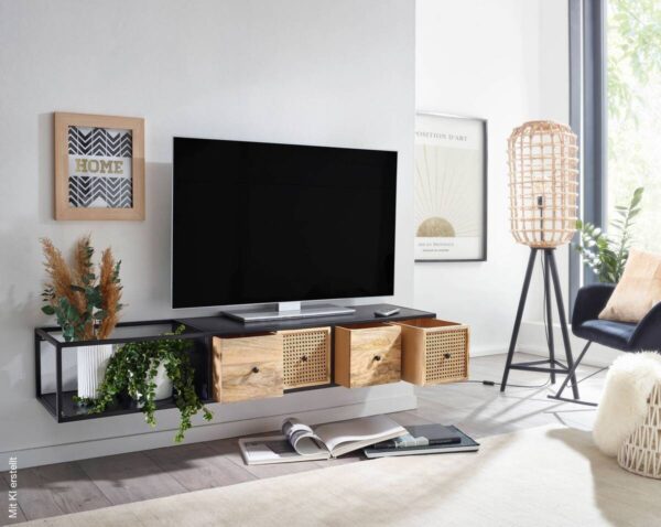 TV-Bank schwarz pulverbeschichtet natur Eisen Echtholz B/H/T: ca. 150x25x35 cm – Bild 3