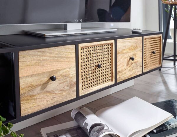 TV-Bank schwarz pulverbeschichtet natur Eisen Echtholz B/H/T: ca. 150x25x35 cm – Bild 5
