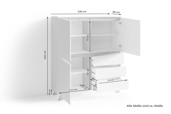Highboard VALENTIN weiß Eiche Nachbildung B/H/T: ca. 120x142x38 cm – Bild 2