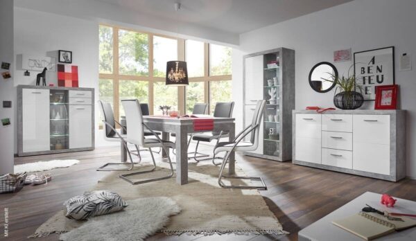 Highboard Stone Beton Optik weiß glänzend B/H/T: ca. 137x134x37 cm – Bild 2