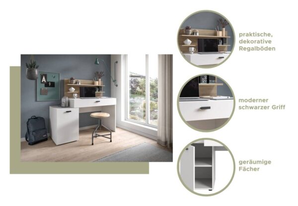 Schreibtisch Match weiß Eiche Sonoma Nachbildung B/H/T: ca. 130x117x54 cm – Bild 5
