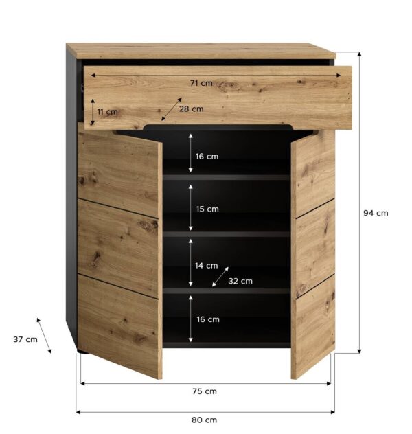 Schuhkommode CANU edles Basaltgrau Nachbildung Eiche Artisan Nachbildung B/H/T: ca. 80x94x37 cm – Bild 4