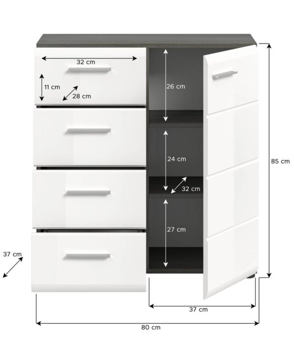Kommode SALSA Rauchsilber Nachbildung weiß Hochglanz B/H/T: ca. 75x85x37 cm – Bild 5