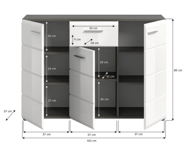 Kommode SALSA Rauchsilber Nachbildung weiß Hochglanz B/H/T: ca. 120x85x37 cm Kommode SALSA Rauchsilber Nachbildung weiß Hochglanz B/H/T: ca. 120x85x37 cm – Bild 2