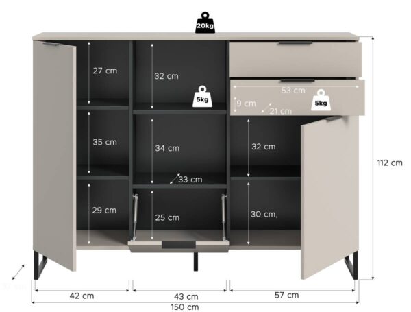 Highboard Noida Kaschmirgrau Nachbildung schwarz B/H/T: ca. 112x150x37 cm – Bild 3