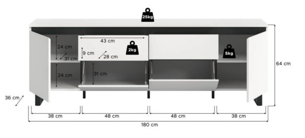 Lowboard Tomasa weiß schwarz B/H/T: ca. 188x65x36 cm – Bild 5