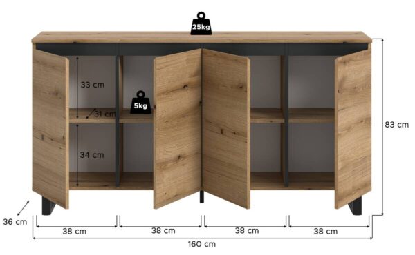 Sideboard Tomasa Evoke Oak Nachbildung schwarz B/H/T: ca. 160x84x36 cm – Bild 3