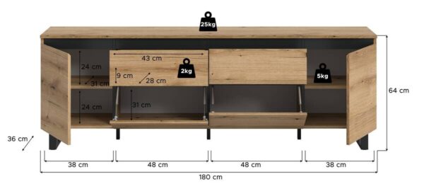 Lowboard Tomasa Evoke Oak Nachbildung schwarz B/H/T: ca. 188x65x36 cm – Bild 5