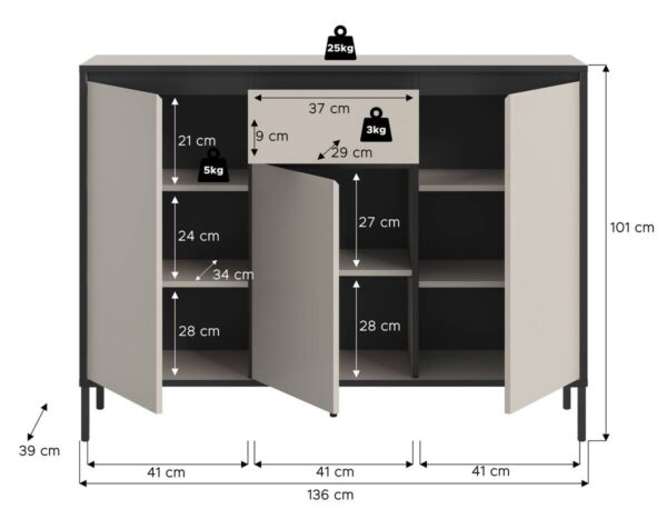 Kommode Tron Kaschmirgrau Nachbildung schwarz B/H/T: ca. 136x101x38 cm – Bild 2