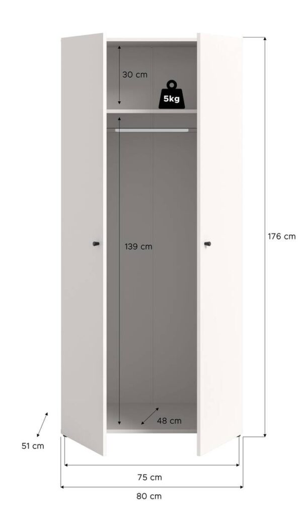 Kleiderschrank DARWIN weiß B/H/T: ca. 80x176x51 cm – Bild 2
