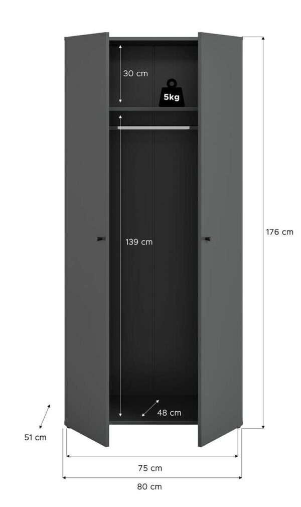 Kleiderschrank DARWIN anthrazit B/H/T: ca. 80x176x51 cm – Bild 3