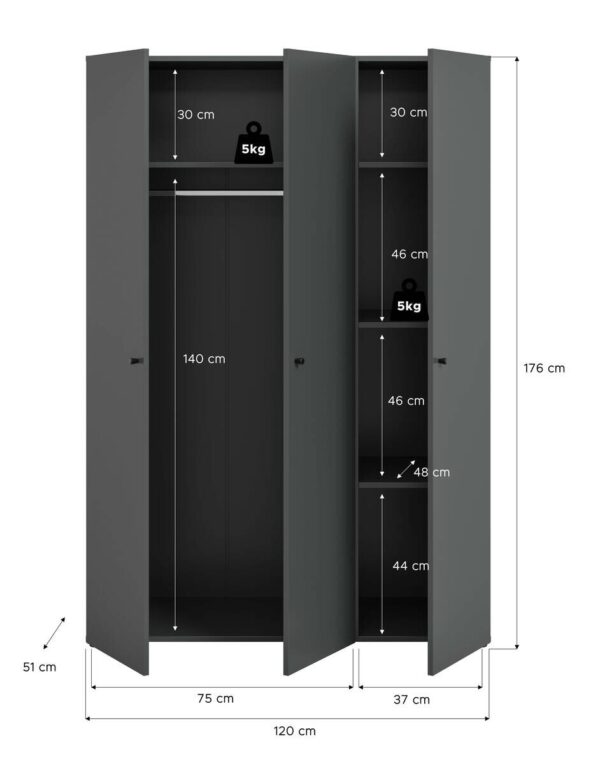 Kleiderschrank DARWIN anthrazit B/H/T: ca. 120x176x51 cm – Bild 2