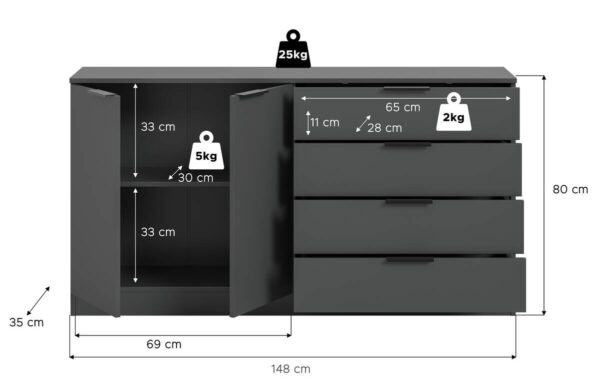 Kommode KOPENHAGEN anthrazit B/H/T: ca. 148x79x35 cm – Bild 2