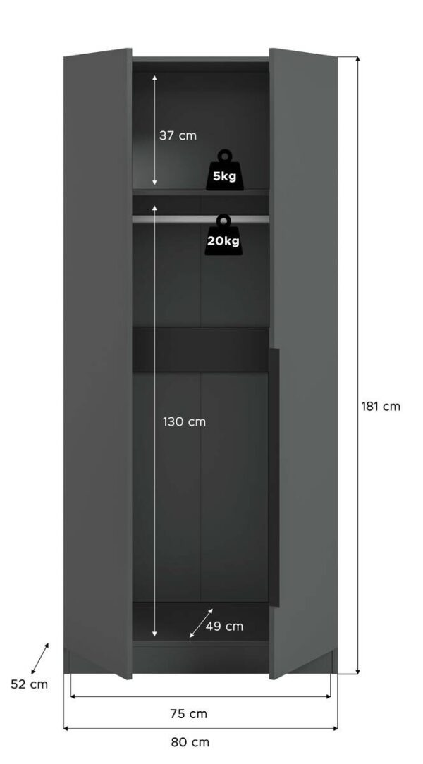 Kleiderschrank KOPENHAGEN anthrazit B/H/T: ca. 80x181x52 cm – Bild 2