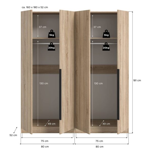 Kleiderschrank KOPENHAGEN Eiche Sonoma Nachbildung B/H/T: ca. 160x181x52 cm – Bild 3