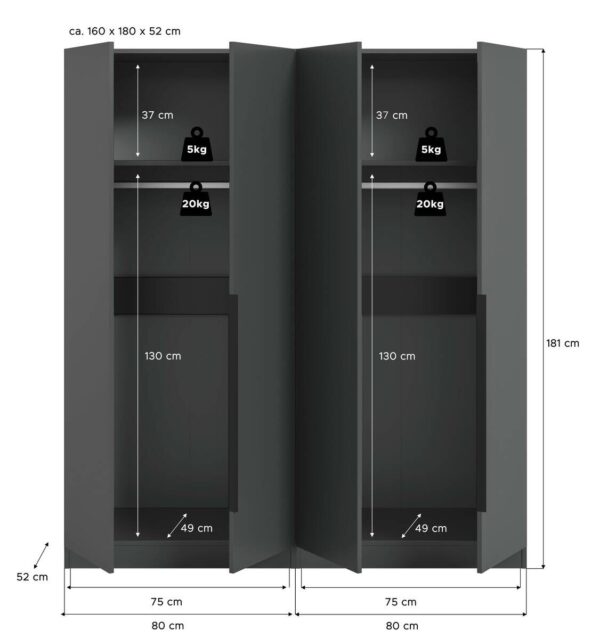 Kleiderschrank KOPENHAGEN anthrazit B/H/T: ca. 160x181x52 cm – Bild 3