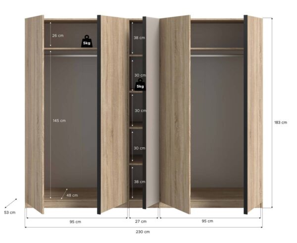 Kleiderschrank OAKLAND Eiche Sonoma Nachbildung Cashmere B/H/T: ca. 230x183x53 cm – Bild 4