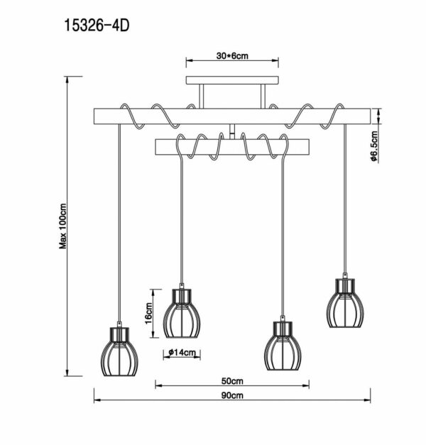 GLOBO Deckenleuchte Mina schwarz natur Metall Holz B/H/T: ca. 90x100x14 cm E27 4 Brennstellen – Bild 2