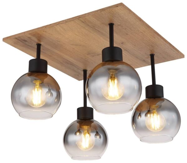 GLOBO Deckenleuchte 15656-4D schwarz natur Rauch Metall MDF Glas B/H/L: ca. 40x33,5x40 cm E27 4 Brennstellen – Bild 2