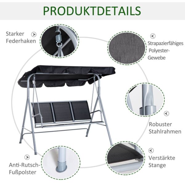 Outsunny Hollywoodschaukel schwarz Metall B/H/L: ca. 110x153x170 cm – Bild 2