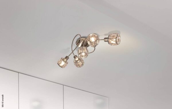 Näve Leuchten Deckenleuchte 1281050 stahlfarbig Glas Metall B/H/T: ca. 36x21x61 cm E14 5 Brennstellen – Bild 4