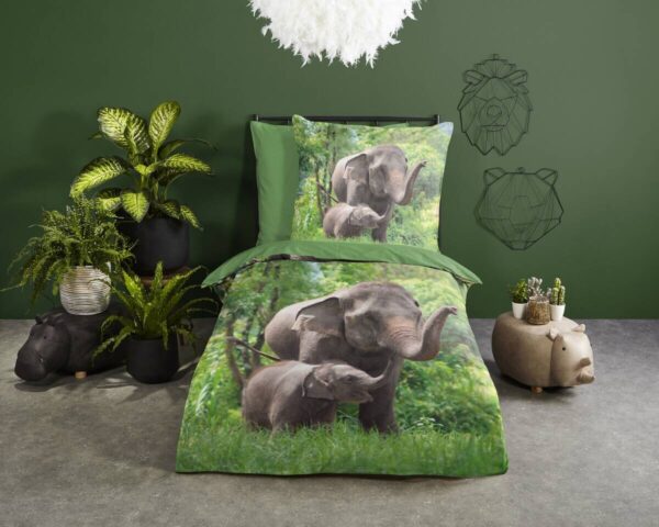 Baumwoll Bettwäsche Elephants grün Baumwolle B/L: ca. 135x200 cm – Bild 2