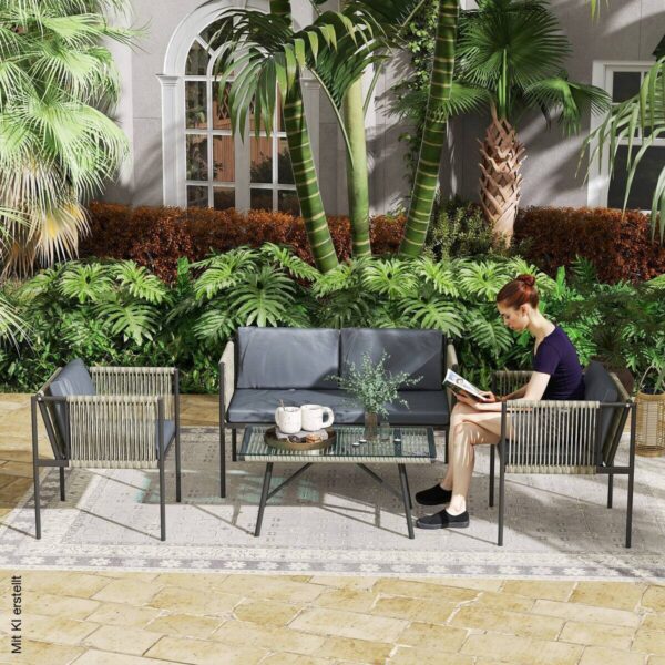 Outsunny Rattan Gartenmöbel-Set grau Stahl B/H/L: ca. 65x68x116 cm – Bild 4