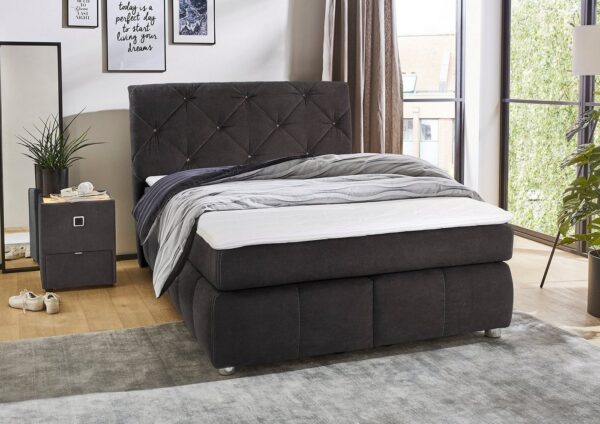 Jockenhöfer Gruppe Boxspringbett Bella erhältlich in 140 & 180cm Breite, mit Kaltschaum-Topper und Rauchglas-Steinen