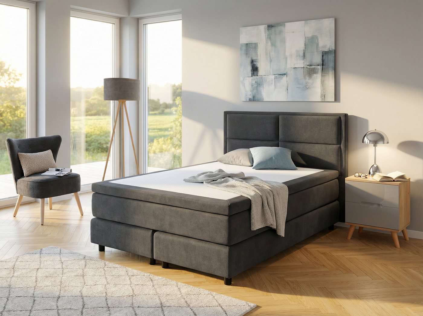 OTTO home Boxspringbett VIVIANNE in den Breiten 140 & 180cm erhältlich, inkl. 7cm Luxus-Topper, erhältlich in den Farben anthrazit und beige
