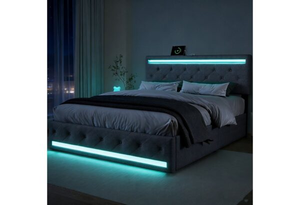 Furnishings Home Polsterbett Doppelbett Stauraumbett, Mit 4 Schubladen + LED + Anschluss (Set, Bett), Mit LED-Beleuchtung, USB & Type-C, Leinen, 180x200 cm