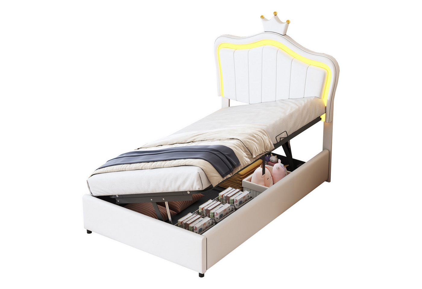 Flieks Polsterbett, LED Hydraulisches Kinderbett 90x200cm Krone Kopfteil Kunstleder
