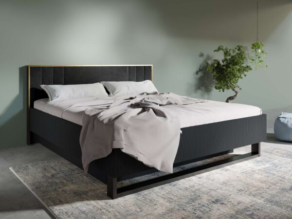 Home affaire Bett BELLOT Polsterbett mit Stauraum, ohne Matratze, B/T/H: 189/211/97 cm, mit einem gepolsterten, schwarzen Kopfteil und einem goldenen Rand