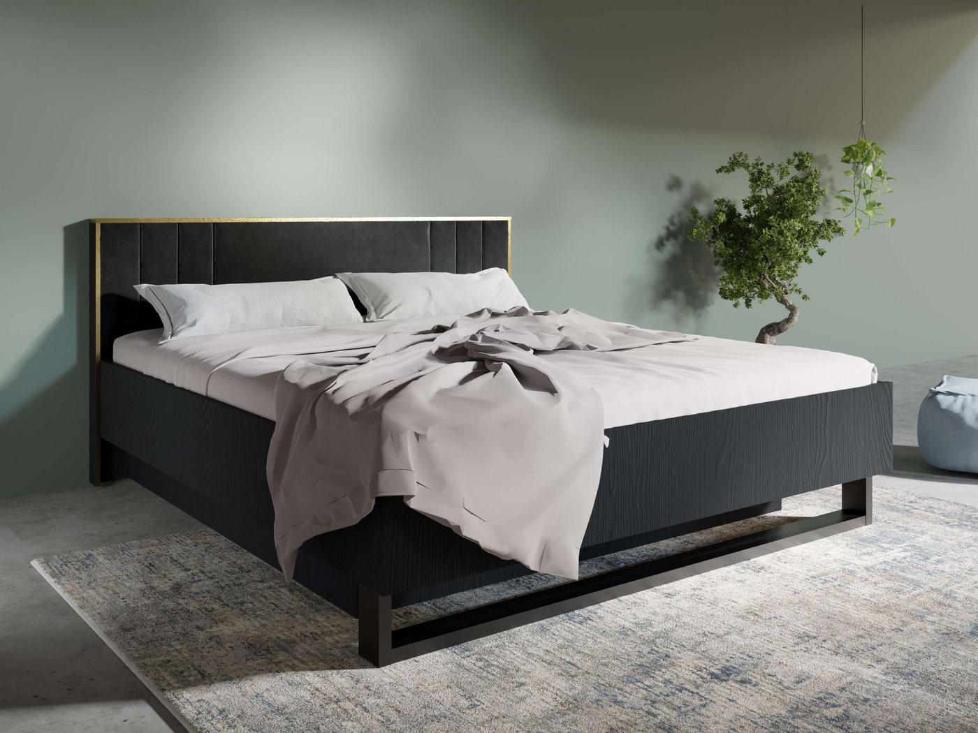 Home affaire Bett BELLOT Polsterbett mit Stauraum, ohne Matratze, B/T/H: 189/211/97 cm, mit einem gepolsterten, schwarzen Kopfteil und einem goldenen Rand