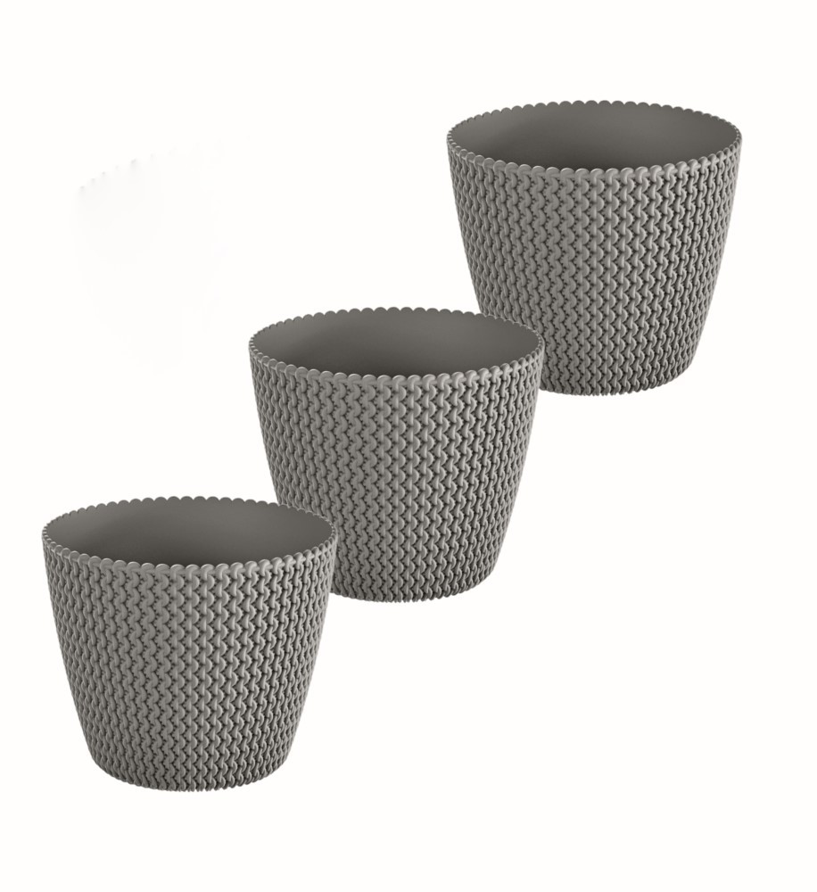POWERTEC GARDEN 3er Set Blumentopf in Strickoptik, ca. 3 Liter – Steingrau