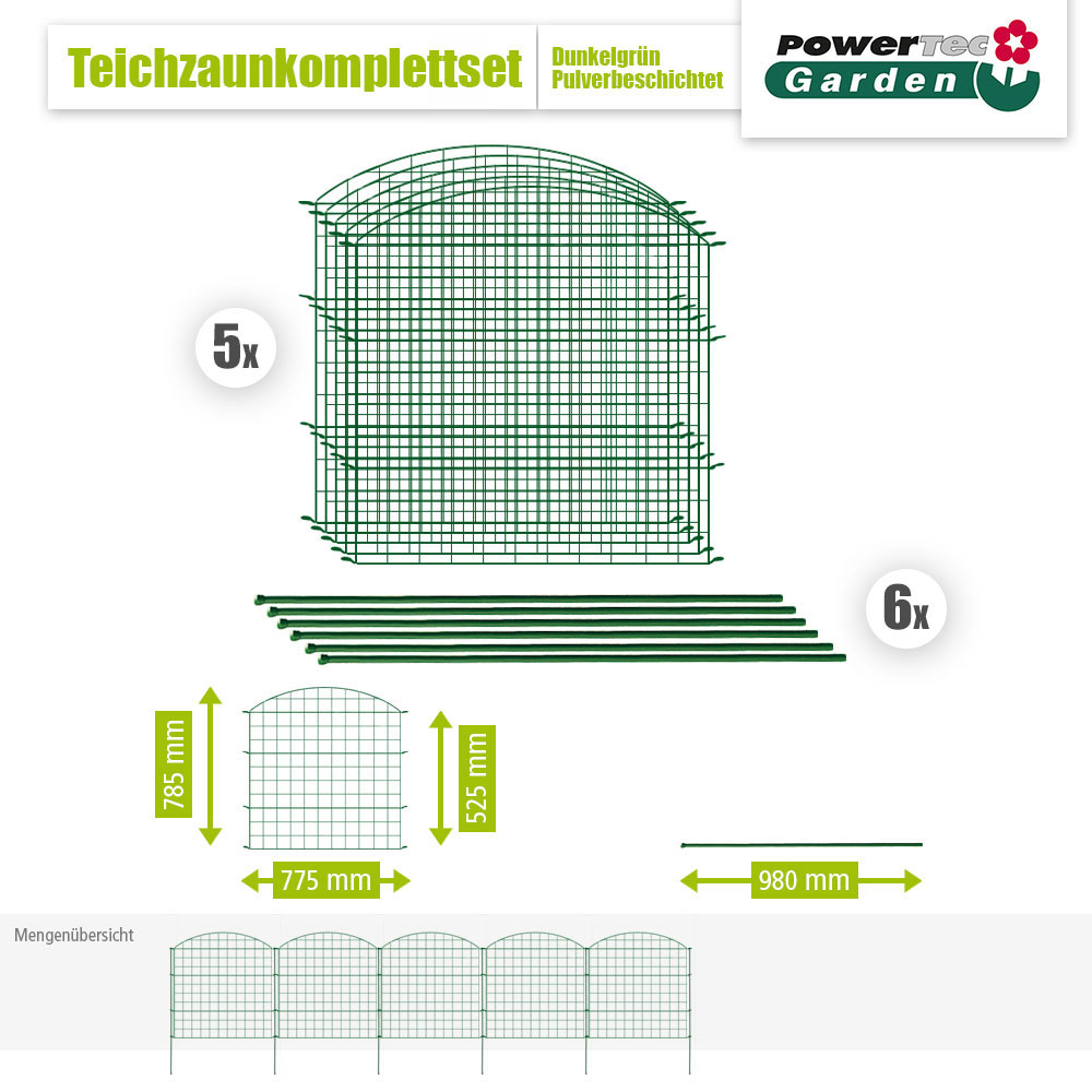POWERTEC GARDEN 11tlg. Teichzaun Oberbogen, ca. 390 x 78, 5 cm – Dunkelgrün