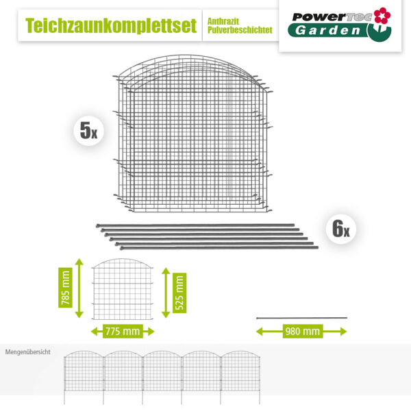 POWERTEC GARDEN 11tlg. Teichzaun Oberbogen, ca. 390 x 78, 5 cm – Anthrazit